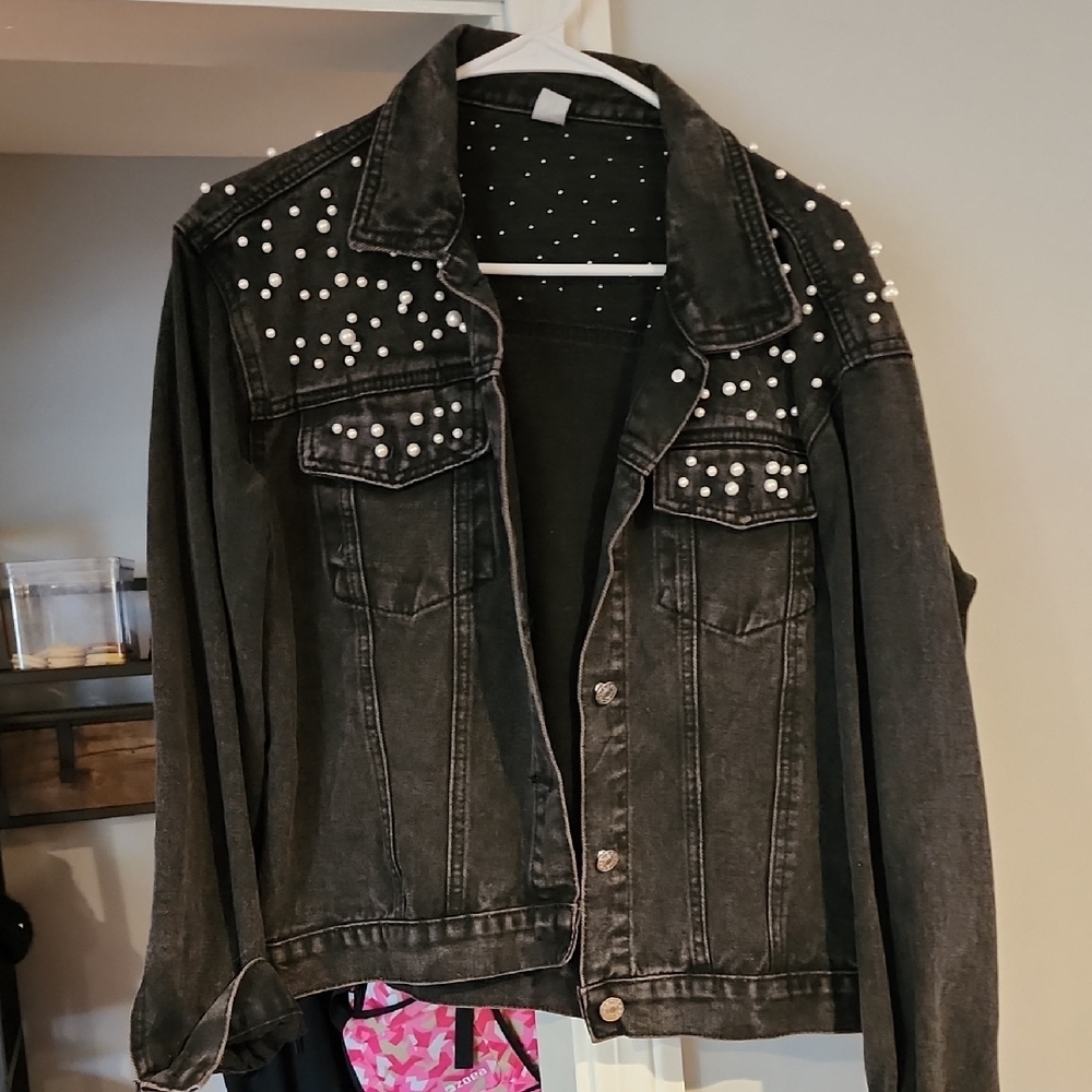 Women's Black Denim Jacket with Pearl Accents